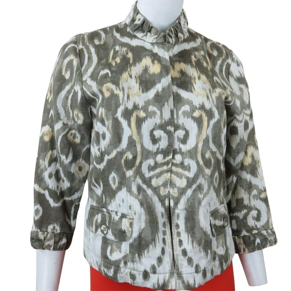 Chico's 1 Open Front Jacket Multicolor Linen Ruffle 3/4 Sleeve Pockets Size 8 M